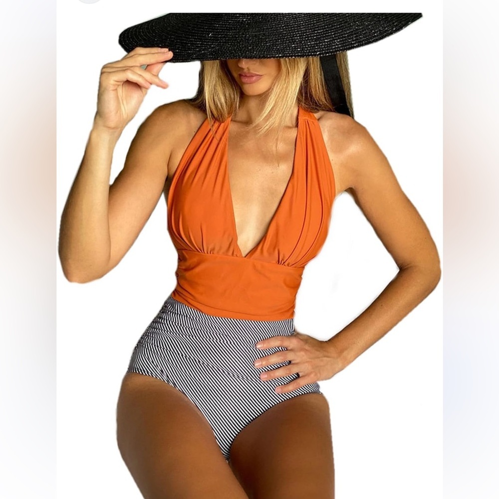 Orange‎ and Black Striped Cupshe One Piece Swimsuit M